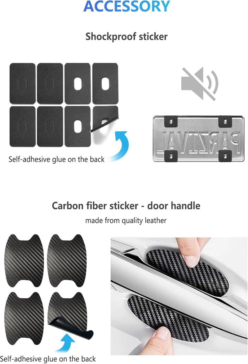 FBJTDQ Carbon Fiber License Plate Frames- Black Plastic Car Tag Holder, 2 Pack 4 Hole Slim Edge Front Rear Bracket with Screw Caps and Car Door Handle Stickers - Image 5